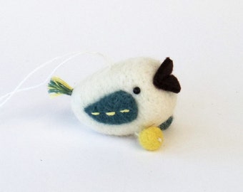 Felt miniature bird ornament,  needle felted white bird with yellow and blue green wings, woodland small tree decor