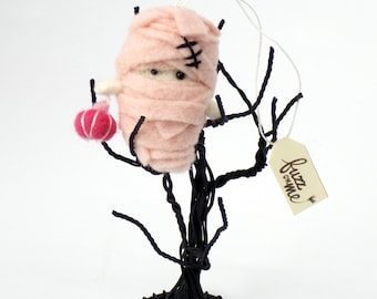 Mini Pink Mummy ghost ornament, Halloween needle felt small doll, cute horror character charm