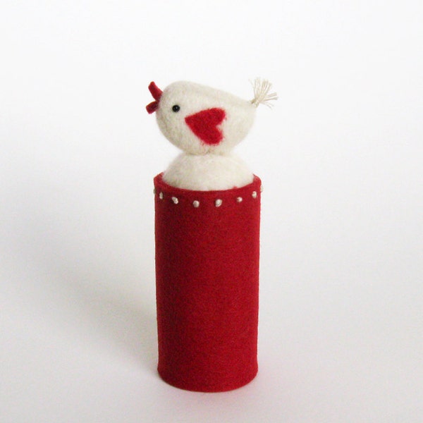 Wine bottle decoration: FUZZ felted bird wine bottle topper and cover -  white bird with red heart