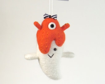 Needle Felted Halloween Ghost Ornament: Orange Alien Costume, Spooky Fall Decor