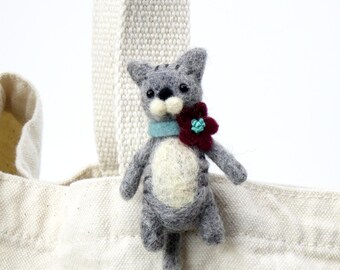 Needle Felted Gray Cat with maroon flower collar, Animal Brooch, small gift
