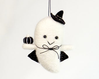 Needle Felt Witch Ghost Ornament with black pumpkin and cape : Handmade Halloween Decor