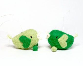 St Patrick's birds, Needle felted miniature green bird ornaments with heart shaped wings (set of 2)