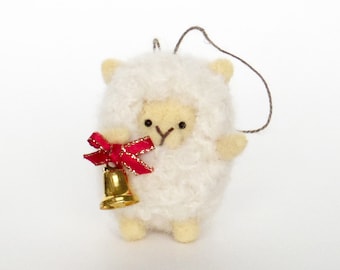 Christmas miniature sheep ornament, needle felted lamb with a bell and red ribbon, farm animal doll