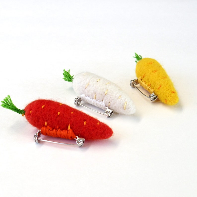 Carrot brooch, Needle felted miniature felt vegetable pin set : orange, white, yellow heirloom carrots Easter gift, Holiday accessory image 3