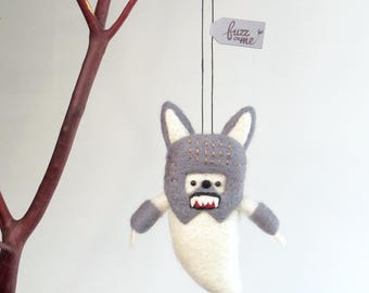 Needle Felted Halloween Ghost Ornament: gray Werewolf Costume, Fall gift