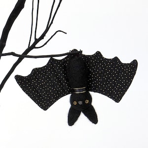 Needle Felted Black Bat Plush with Gold Dot Wings : Halloween Animal Decor