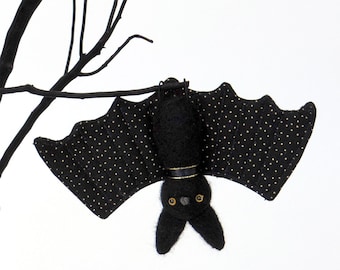 Needle Felted Black Bat Plush with Gold Dot Wings : Halloween Animal Decor