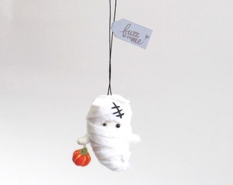 Needle Felted Mummy Ghost Ornament, Halloween Figurine, Small Tree Decor