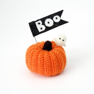 May include: A crocheted orange pumpkin with a dark brown stem, featuring a small white felt ghost perched on top. A black felt pennant flag with white stitched letters spelling out the word BOO is attached to the pumpkin with a metal wire.