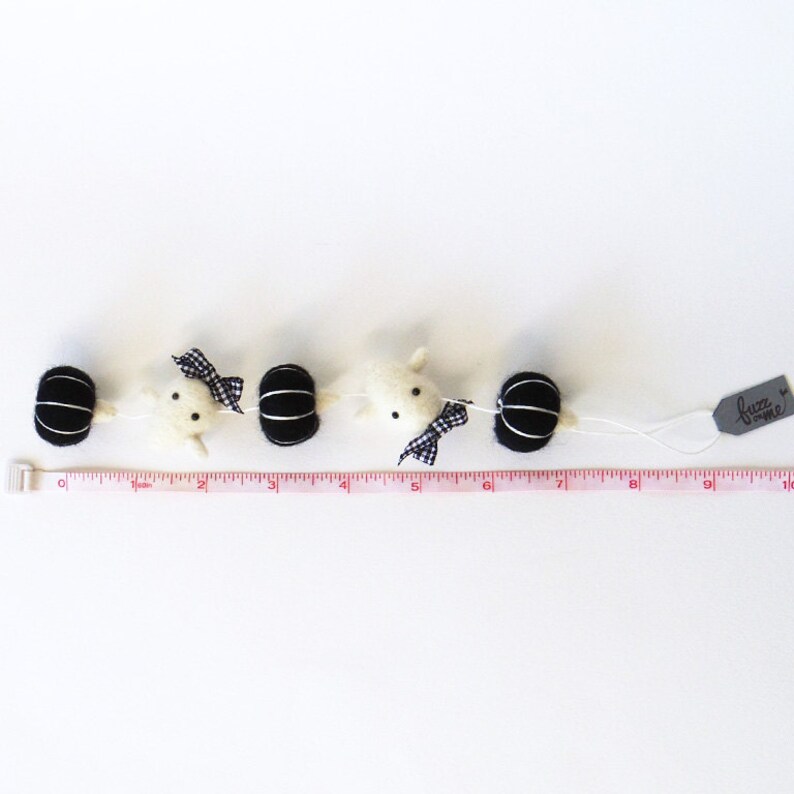 Halloween miniature short garland, needle felted black pumpkins baby ghosts with plaid ribbons, Small tree Autumn decor image 5