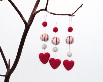 Miniature needle felted red heart with tiny felt ball ornaments. Small tree Valentine, Christmas decor.