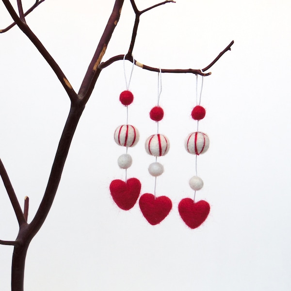 Miniature needle felted red heart with tiny felt ball ornaments. Small tree Valentine, Christmas decor.