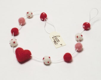 Valentine red heart + tiny felt ball short miniature garland for small tree, doll house decor, friends gift