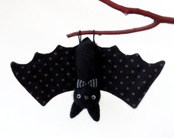 Black bat needle felt plush animal ornament with stripe bow tie + gray dot wing, Halloween & Autumn gift, woodland decor