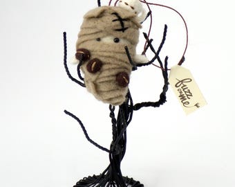 Halloween Mummy with Coffee Cup and beans, Needle Felted Ghost ornament
