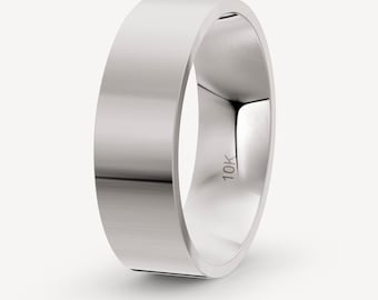 7mm 10K Solid White Gold Flat Wedding Band Comfort Fit