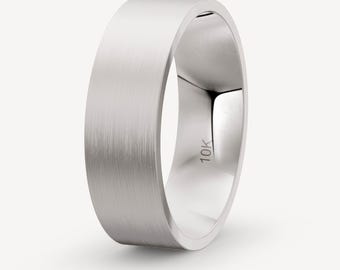 7mm 10K Solid White Gold Brushed Flat Wedding Band Comfort Fit
