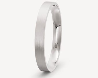 3mm 10K Solid White Gold Brushed Flat Wedding Band Comfort Fit