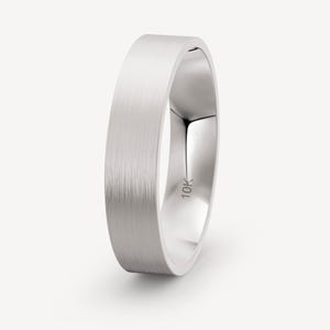5mm 10K White Gold Brushed Flat Wedding Band, Comfort Fit, Wide Band, Personalized Jewelry, Anniversary Gift, Mens Wedding Band