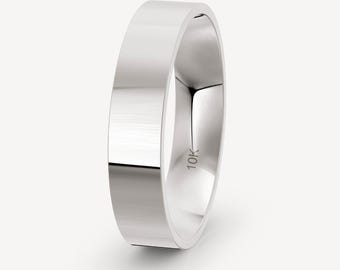 5mm 10K Solid White Gold Flat Wedding Band Comfort Fit