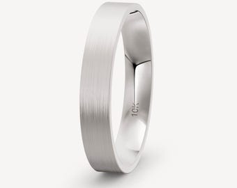 4mm 10K Solid White Gold Brushed Flat Wedding Band Comfort Fit