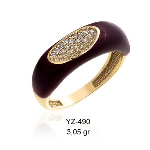 14K Gold Dome Ring with Purple Enamel and Diamond Accents, Elegant Statement Ring, Gift for Her