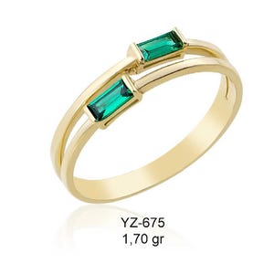 14k Solid Gold Double Band Emerald Baguette Ring, Modern Geometric Design, Elegant Fine Jewelry