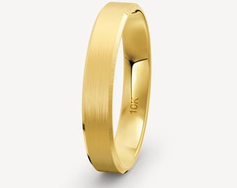 4mm 10K Beveled Edge Wedding Band, Yellow Gold Brushed, Comfort Fit, Personalized Jewelry, Anniversary Gift, Mens Wedding Band, Gift For Her