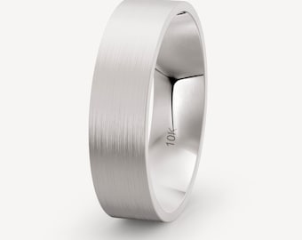 6mm 10K Solid White Gold Brushed Flat Wedding Band Comfort Fit