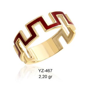 14k Gold Greek Key Enamel Ring, Meandros Design, Geometric Statement Ring, Unique Gift for Her
