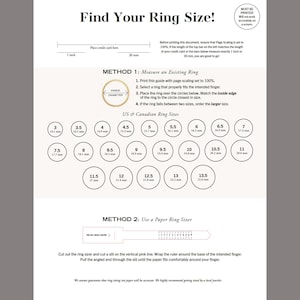 May include: A printable ring size guide with two methods for measuring ring size. The first method uses an existing ring and the second method uses a paper ring sizer. The guide includes a chart of US and Canadian ring sizes with corresponding measurements in millimeters.