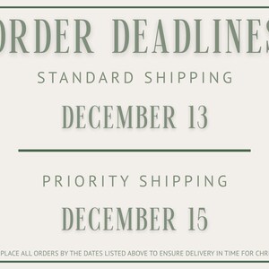 May include: A cream-coloured rectangular graphic with a dark green border. The text "ORDER DEADLINES" is at the top, followed by "STANDARD SHIPPING" and "DECEMBER 13." Below is "PRIORITY SHIPPING" and "DECEMBER 15."