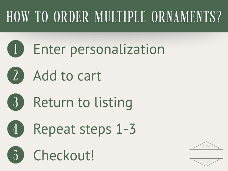 May include: A graphic detailing how to order multiple ornaments. The text reads: "How to order multiple ornaments?" followed by numbered steps: Enter personalization, Add to cart, Return to listing, Repeat steps 1-3, and Checkout!