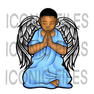 Cute Angel Black Baby Boy Praying God Portrait Afro Hair Wings Fantasy Fairy Holy Boy Toddle Child Pray PNG JPG Vector Designs Cut Files