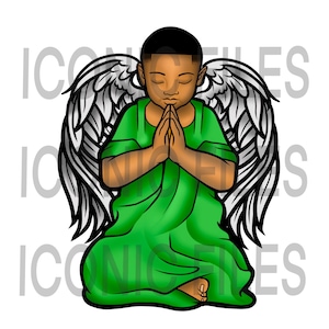 Cute Angel Black Baby Boy Praying God Portrait Afro Hair Wings Fantasy Fairy Holy Boy Toddle Child Pray PNG JPG Vector Designs Cut Files