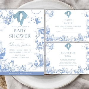 Klassieke Winnie de Pooh-babyshoweruitnodiging - blauw, Toile de Jouy-Franse print, handgetekende Pooh - luierloterij en babyboeken