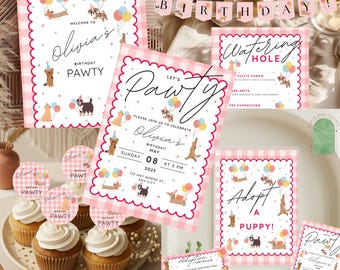 Red Gingham Let's Pawty Birthday Bundle Set - Large bundle includes invite, party signs, cupcake toppers, food labels, banner and much more!