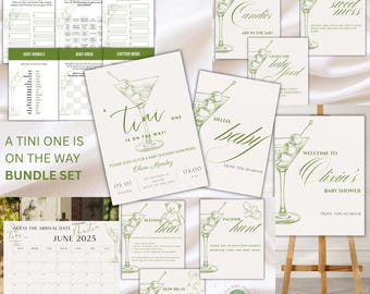 Paquete para baby shower "A Tini One is on the Way": verde oliva, juegos para baby shower "Martini", invitación, letreros, calendario y kit imprimible y editable.