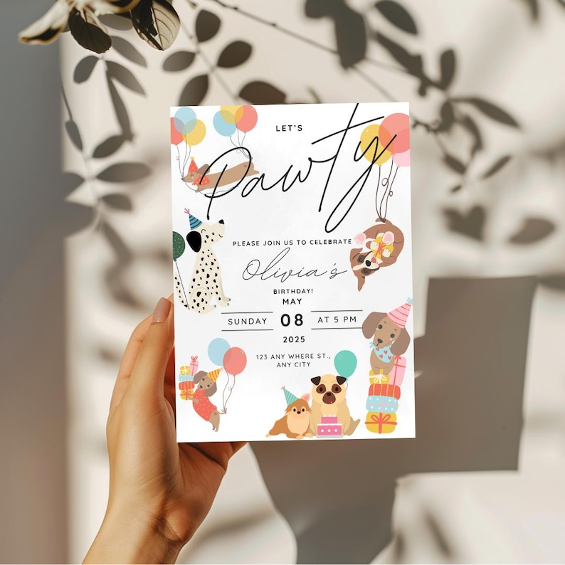 Dog birthday invitation featuring dogs with birthday hats, holding balloons, and surrounded by presents for kids or dog-themed birthday parties. Let's Pawty! dog adoption party, kid's birthday party or dog birthday party invite.