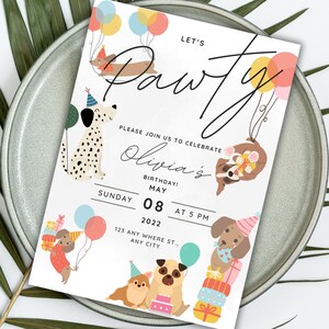 Dog birthday invitation featuring dogs with birthday hats, holding balloons, and surrounded by presents for kids or dog-themed birthday parties