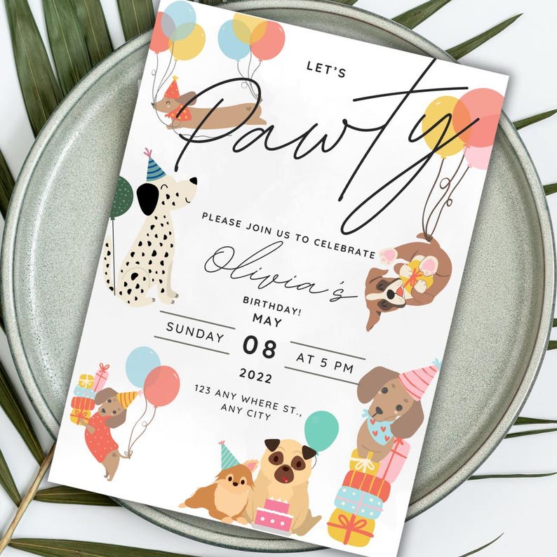 Dog birthday invitation featuring dogs with birthday hats, holding balloons, and surrounded by presents for kids or dog-themed birthday parties