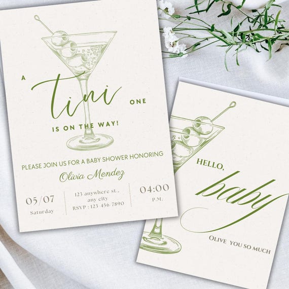 A Tini One is on the Way | Martini Baby Shower Invitation | Olive Green with Olives | Baby Girl or Boy Shower Invite | Modern Baby Shower