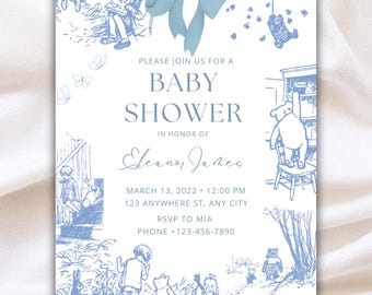 Vintage klassieke Winnie de Pooh babyshower uitnodiging, Winnie de Pooh Toile de Jouy thema, Winnie de Pooh verhalenboek uitnodiging