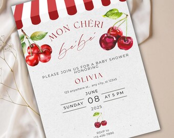 Mon Chéri Bébé-uitnodiging babyshower | Kersen babyshower | Thema Franse markt | Rood gestreepte luifel | Bewerkbare sjabloon