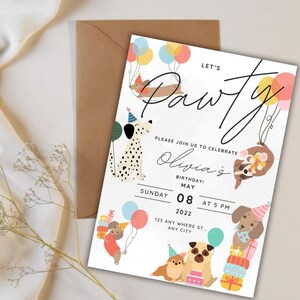 Colorful dog birthday invite with playful dogs holding birthday balloons and wearing hats, surrounded by wrapped presents. Includes a boxer, Dachshund or weiner dog, pug, Dalmatian dog and more.