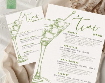 Een Tini-menusjabloon | Eten & Drinken Menu | Martini-themamenu's | Olijfgroen | Vrijgezellenfeest, babyshower, verjaardag