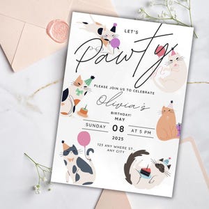 Let&#39;s Pawty Cat Birthday Invitation | Digital Download | Cute Kitty Invite with Balloons, Cake and Presents | Editable Cat Party Invite