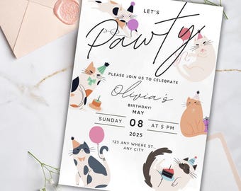 Let's Pawty Cat verjaardagsuitnodiging | Digitale download | Cute Kitty-uitnodiging met ballonnen, cake en cadeaus | Bewerkbare uitnodiging voor kattenfeestje