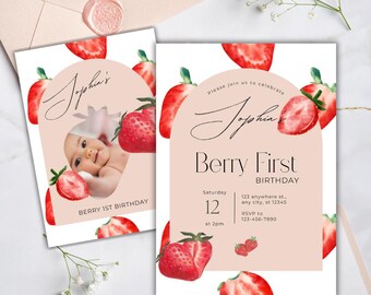 Invitación de primer cumpleaños con temática de frutos rojos – Temática de fresas – Invitación digital – Tarjeta de cumpleaños con frutos rojos